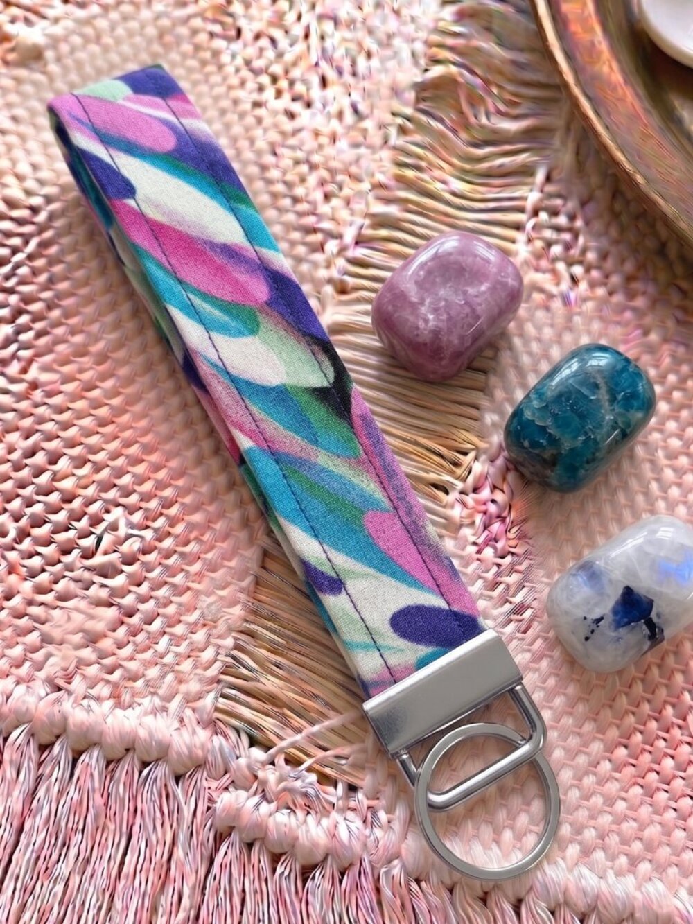 New Handmade Abstract Watercolor Petal Fabric Key Fob Wristlet Keychain